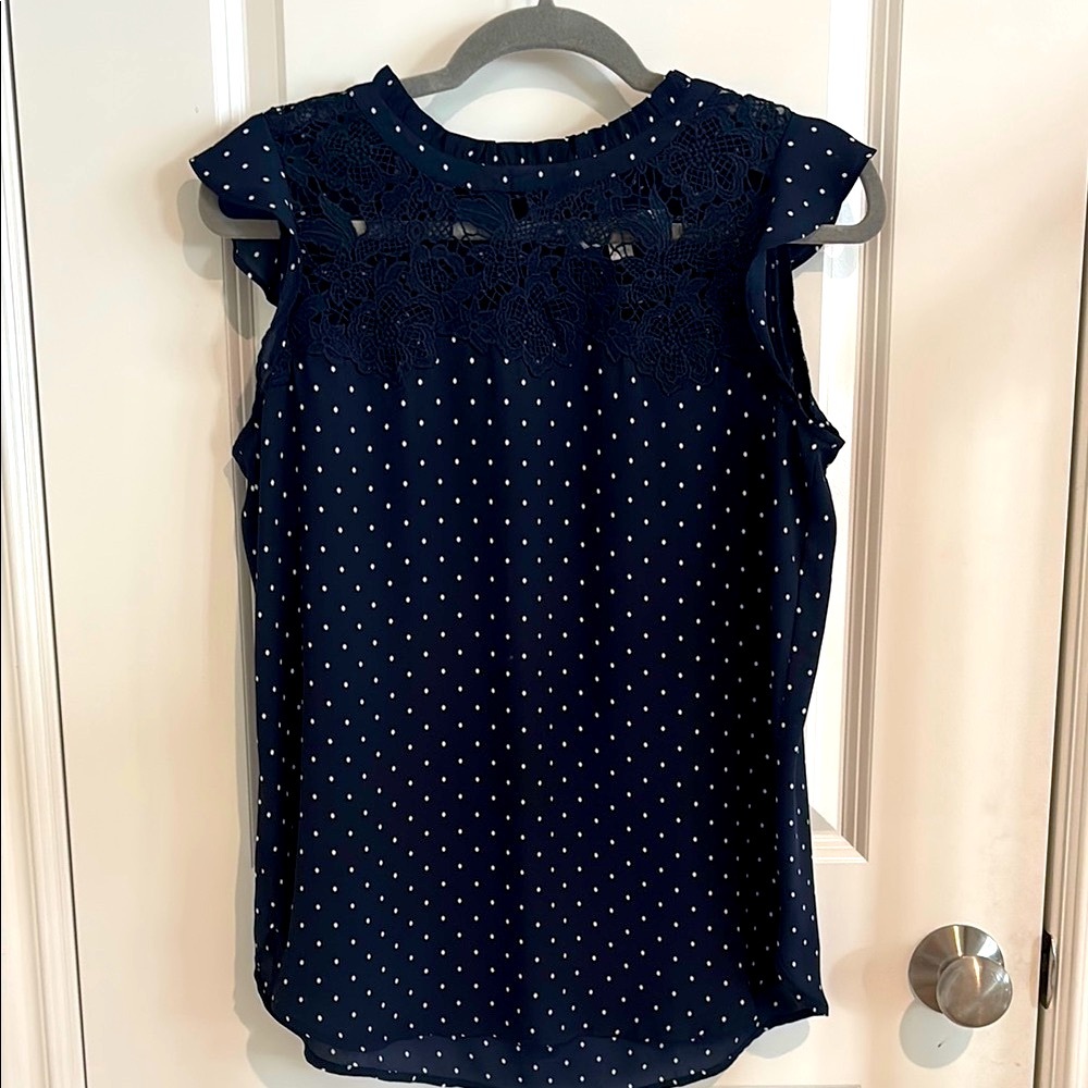 LOFT Navy Blue Polka Dot Lace Top.  Size Small